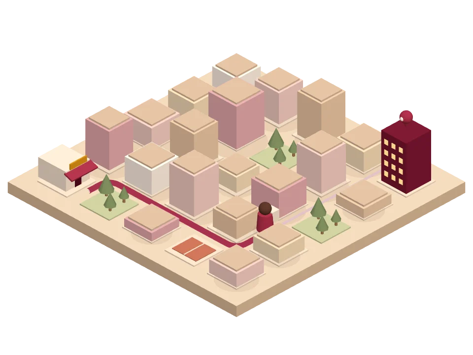 An illustrated campus: a runner carries an order from a restaurant to a hostel.